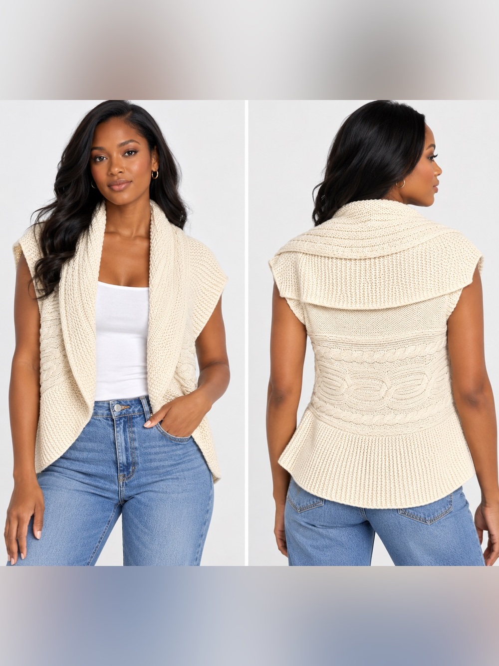 Express Cream Cable-Knit Sleeveless Cardigan Vest